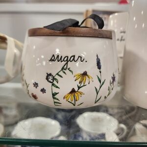 Rae Dunn Floral Sugar Jar with Wooden Lid